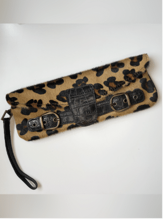 Vintage Y2K Maurizio Taiuti Leopard Print Calf hair and Leather Trim Clutch