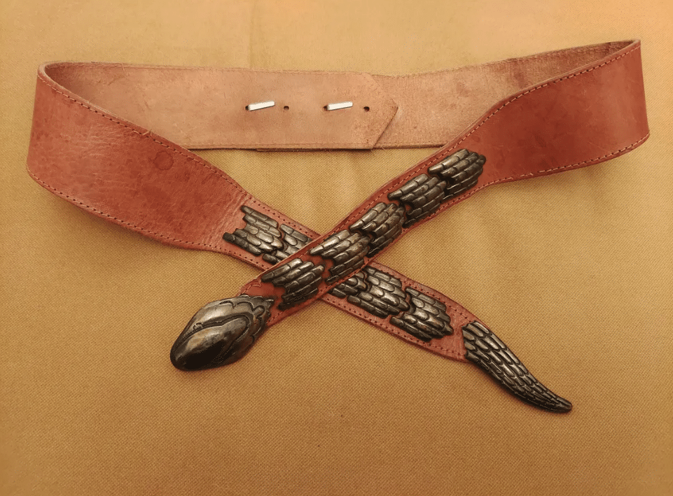 90's Vintage Brown Real Leather Belt With Metal Snake Buckle