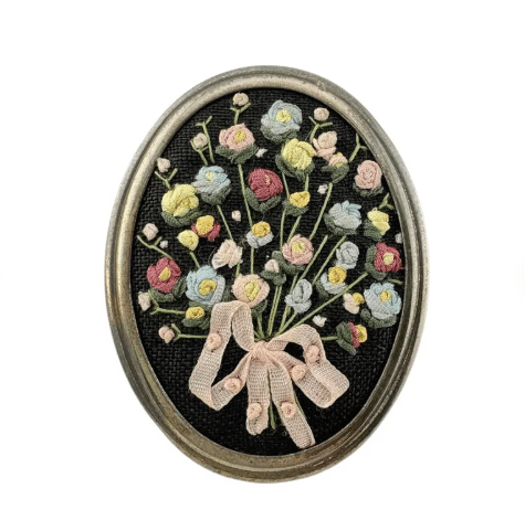 Mid Century Vintage Ribbon Work Floral Brooch Embroidered Flower Pin