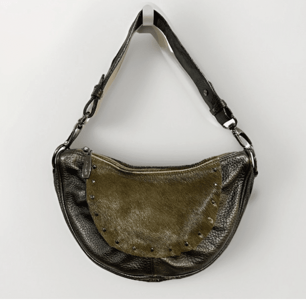 BERGE Italy Metallic Olive Leather Crescent Shoulder